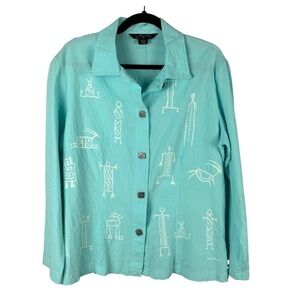 Bfofo Tribal Aztec Western Boho Cotton Button Down Shirt Medium Turquoise
